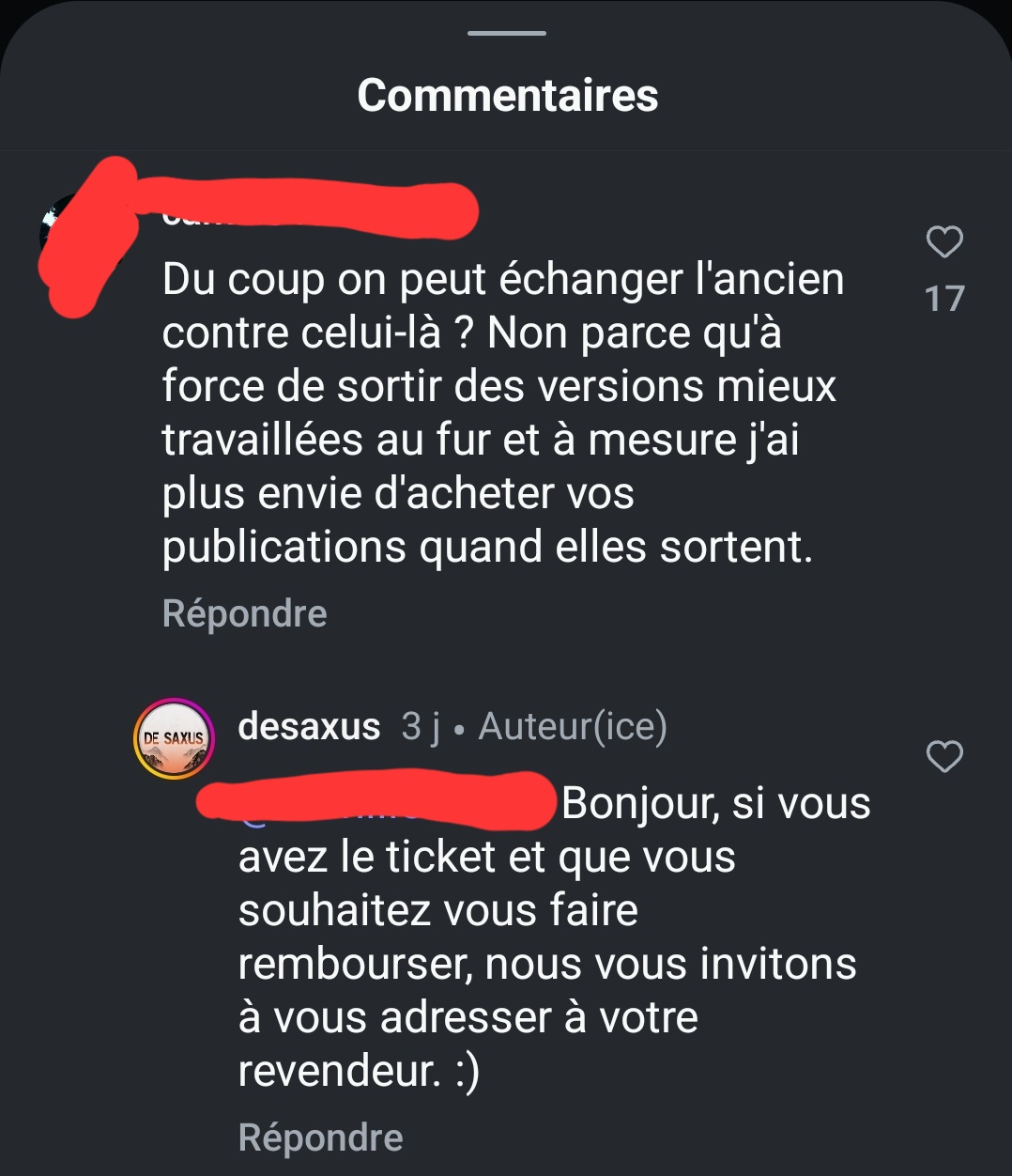 capture écran commentaire "revendeurs"