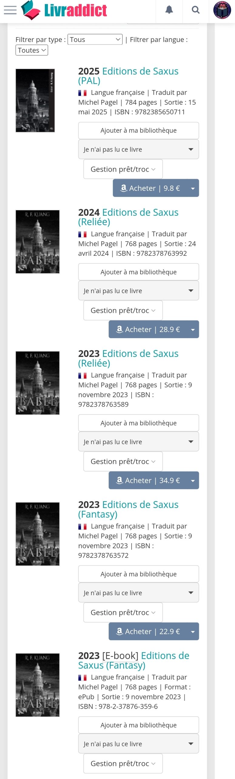 capture écran Livraddict - fiche "Babel"